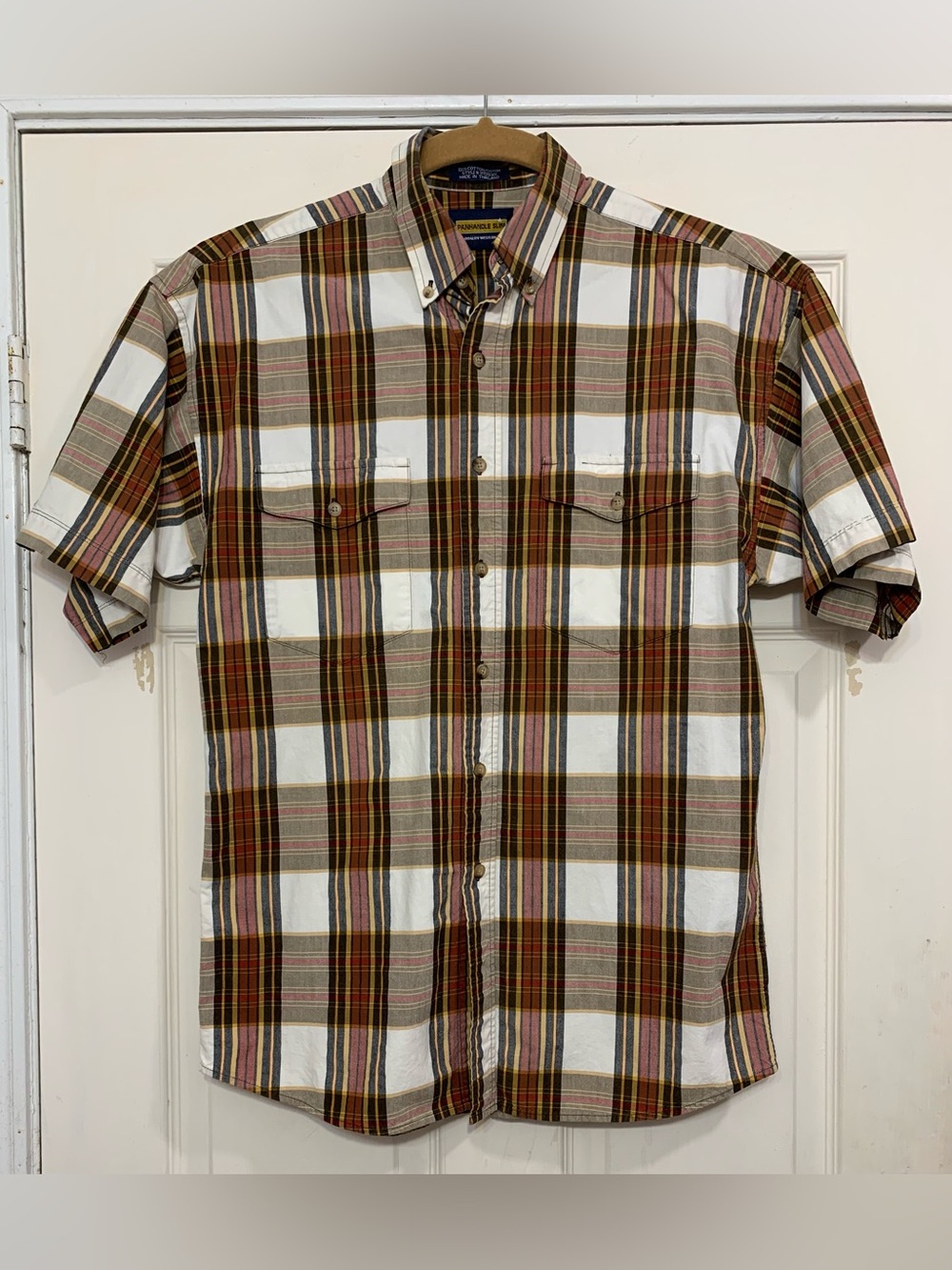 Panhandle Slim Men's Brown Orange Plaid Med. Short Sleeve Shirt.           4017P